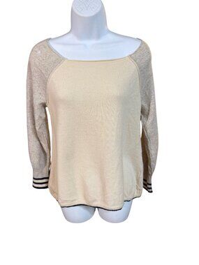 Jigsaw Cashmere Sweater Beige & Gray With Stripe Cuffs Womens L